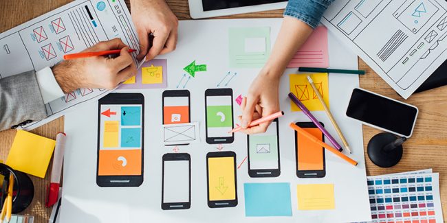 Top view of designers creative app interface for user experience